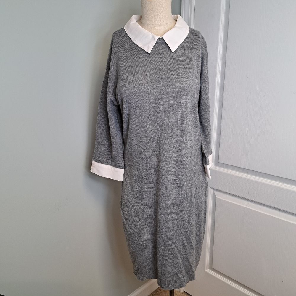Harve Benard Gray Sweater Dress with White Collar